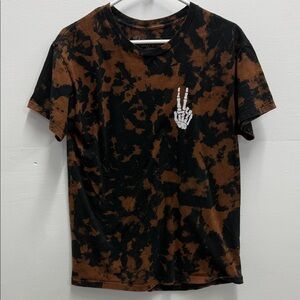 Black and Brown Tie-Dye Tee with Skeleton Hand